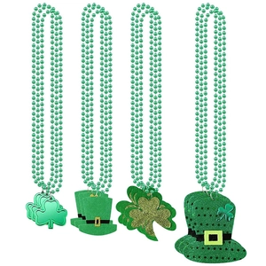 Detailed view of four green bead necklaces with St. Patrick's Day clover and top hat pendants