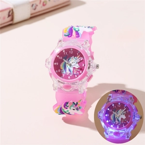 Pink unicorn kids watch with LED glow, silicone strap and cartoon dial for students