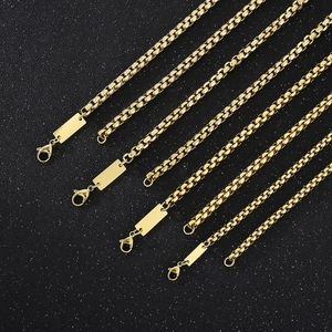 Golden stainless steel box chain necklaces with blank rectangular pendant for DIY engraving