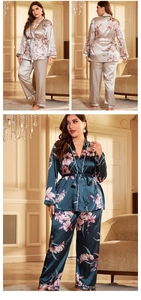 Close-up of silk satin floral pajamas with kimono tie closure and contrast piping detail