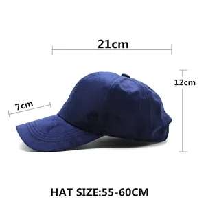 Solid blue velvet baseball cap for men and women with size chart specifications