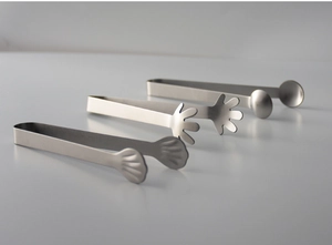Three stainless steel tongs in shell, hand, and round shapes for ice and sugar cubes