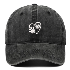 Cute Heart Paw Print Embroidery Washed Cotton Baseball Cap Distressed Retro Adjustable Outdoor Sun Hat For Women Men