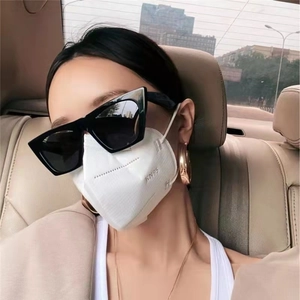 Detail einer quadratischen Oversize Katzenaugen-Sonnenbrille mit weißer KN95-Maske