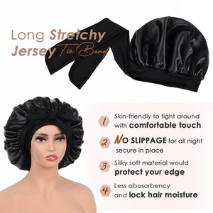 Detailed view of black satin bonnet with long stretchy jersey tie band for hair care