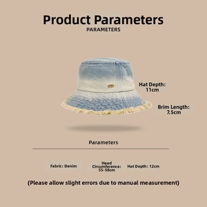 Detailed size parameters of the gradient denim bucket hat with raw frayed edge finish