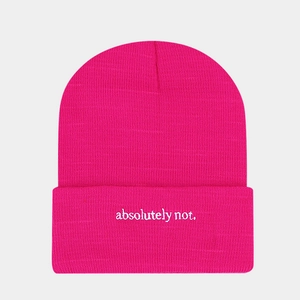 Detail of rose pink knit beanie featuring white 'absolutely not.' embroidered lettering