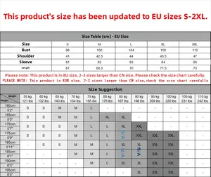 Detailed size chart for men crewneck sweater showing European sizes S-XXL with measurements