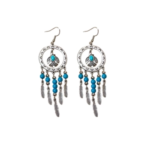 Böhmische Silber-Traumfänger-Ohrringe mit blauen Perlen und Metallfeder-Quasten