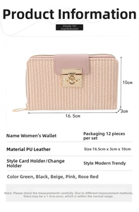 Tableau des tailles pour portefeuille long en cuir PU montrant 16,5cm x 10cm x 3cm