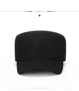 Front view of black cadet hat for men featuring textured twill and silver metal side plate