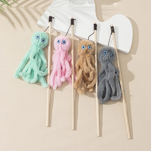 Set of four plush octopus cat wand toys with wooden sticks in pastel colors