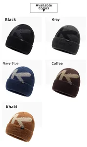 Detailed grid showing five colors of thick knit winter beanies with embroidered K letter