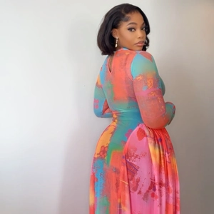 Vintage abstract print long sleeve A-line maxi dress with waist cinching design