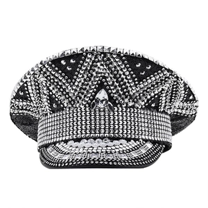 Detail of black captain hat with silver studs, sequins and teardrop crystal for party