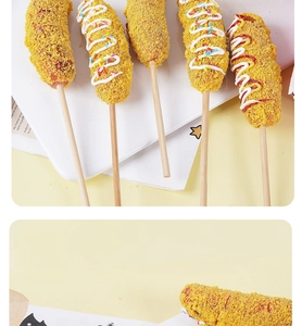Close-up of crispy corn dog model with golden breadcrumbs and colorful sprinkles decoration