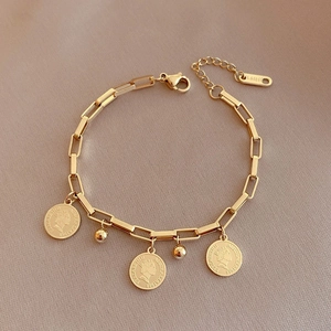 Pulsera Con Colgante De Moneda De Acero Inoxidable Para Mujer Chapada En Oro Reina Isabel II Dijes Joyería Hip Hop