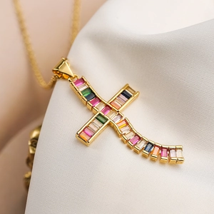 Rainbow baguette-cut zircon cross pendant necklace in gold plated copper finish