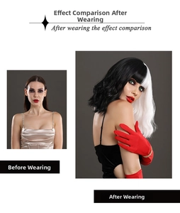 Detail comparison showing transformation with black and white Cruella cosplay wig and red gloves
