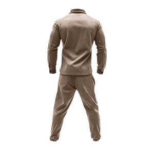 Detailed back view of brown faux suede jacket and matching trousers set for men