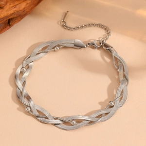 Bracelet multicouche en acier inoxydable argenté avec perles et fermoir mousqueton