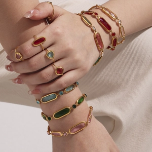 Luxurious gold stainless steel bracelet and ring set with colorful Czech glass crystals