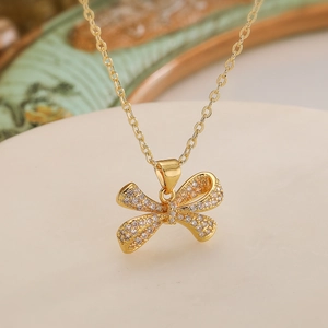 Bowknot Pendant Necklace Copper 18K Gold Plated Zircon Elegant Minimalist Jewelry For Women