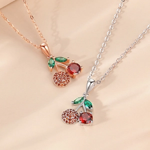 Elegant S925 sterling silver cherry pendant necklaces in rose gold and silver finishes