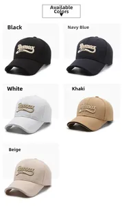 Five-grid layout showing embroidered baseball caps in black, navy, white, khaki, and beige