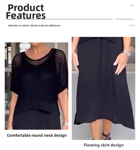 Dettaglio della scollatura rotonda e dell'orlo fluido di un completo in maglia nera