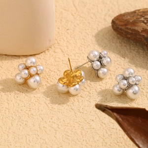 18K gold plated stainless steel grape cluster pearl earrings in minimalist French style