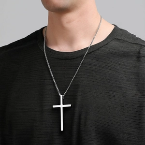 Minimalist silver titanium steel cross pendant necklace with box chain for men and women