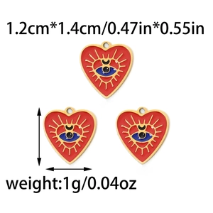 Macro view of 304 stainless steel red heart evil eye pendants with dimensions info
