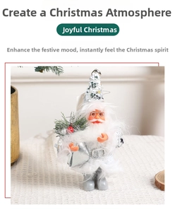 Detail of silver Santa Claus figurine with sequins and red berries for Christmas decor