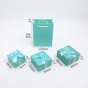 Tiffany blue jewelry gift box set with satin bow and matching paper shopping bag