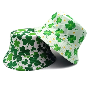 St. Patrick's Day bucket hat with shamrock prints in green and gold glitter design