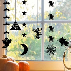 Halloween window hanging decorations set featuring black bats spiders and ghosts silhouettes
