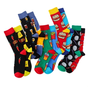 Close-up of cotton socks with cartoon food patterns and 'You're so cheesy' text