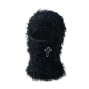 Black plush balaclava hood with white cross embroidery for winter warmth and gothic style
