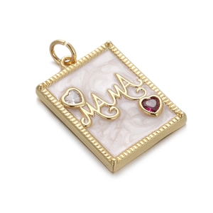 Detail of gold MAMA rectangular pendant with white enamel and heart-shaped gems
