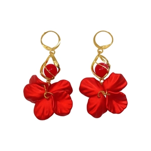 Elegant red flower petal earrings with golden finish and pearl tassels on white background