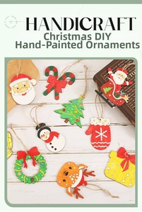 Flat lay of colorful DIY Christmas wooden ornaments with jute ropes on white wood