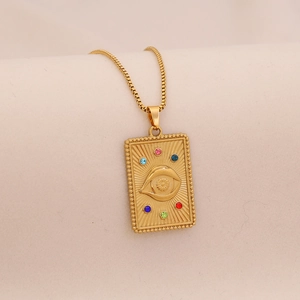 Gold stainless steel star moon pendant necklace with colorful zircons and embossed eye design