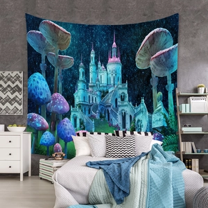 Detail of a fantasy tapestry with a magical castle and glowing mushrooms in a bedroom
