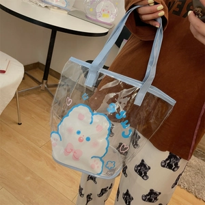 Détail du sac cabas en PVC transparent avec bordure bleue et motif animalier mignon