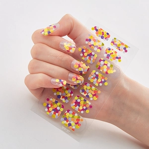 Macro detail of DQ-27 3D laser nail stickers with colorful glitter and sequins