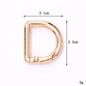 Rose gold zinc alloy D-ring spring clasp with dimension markings 2.1cm by 2.3cm