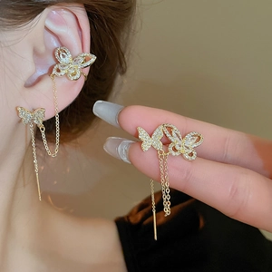 Elegant gold butterfly crawler earring with zircon and tassel chain for women