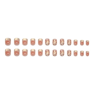 Lot de 24 faux ongles style français dégradé rose nude et paillettes dorées avec motifs