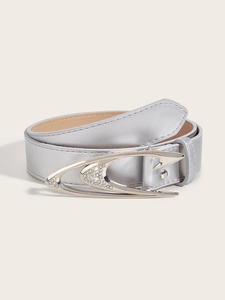 Detail of a coiled black leather belt featuring a hollow silver rhinestone buckle